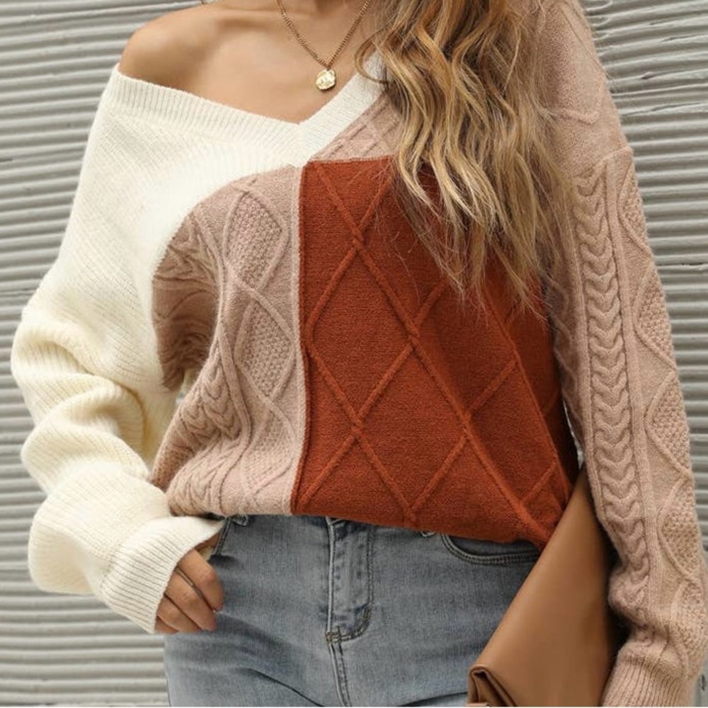 ePretty Off-the-Shoulder Sweater in Cream, Brown, and Tan